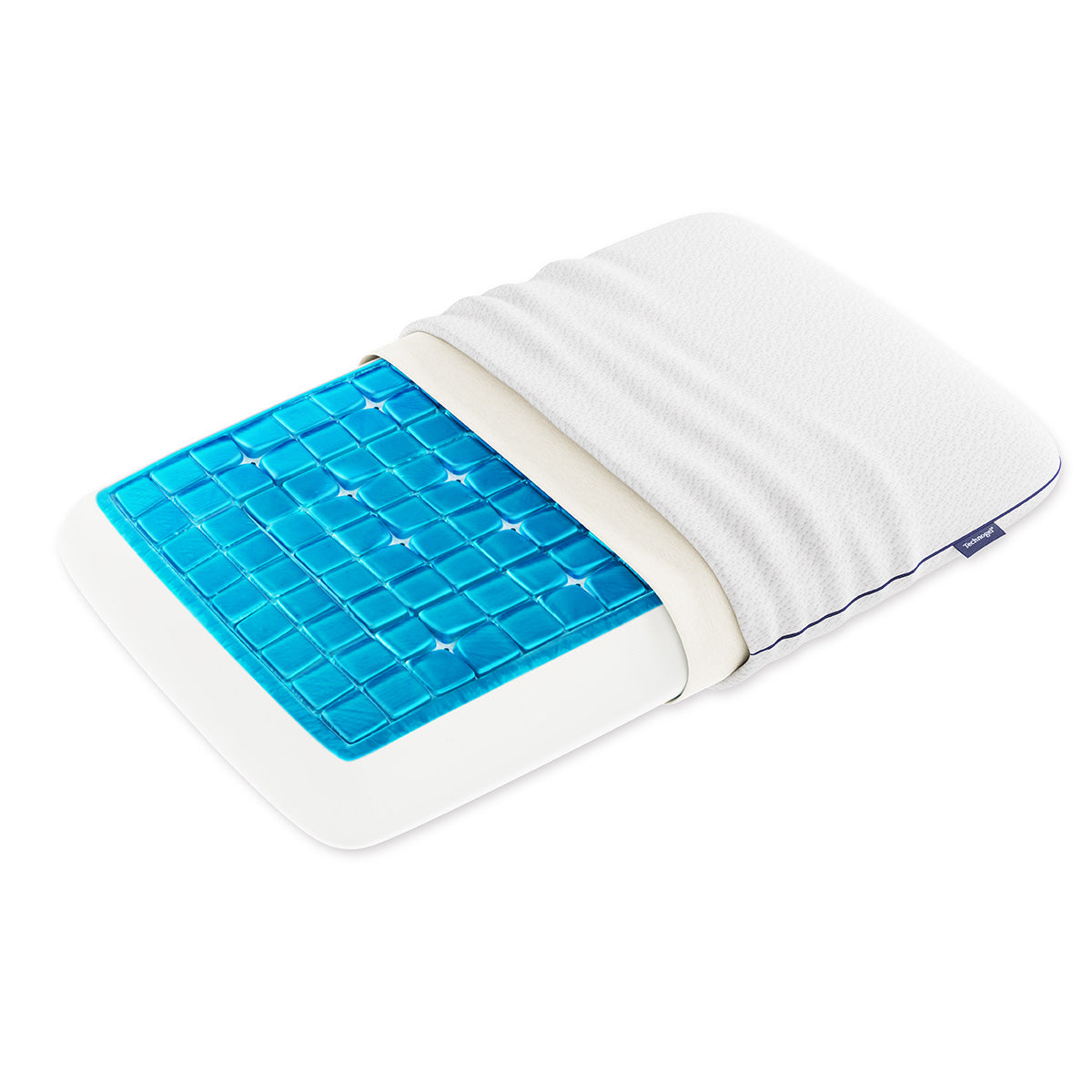 テクノジェル オリジナルコレクション デラックスピロー。カバーをした状態で中のジェルが見える。全面フラットで後頭部の丸みが少ない方、首が長めの方には、首や肩に負担がかかりにくくおすすめの枕。